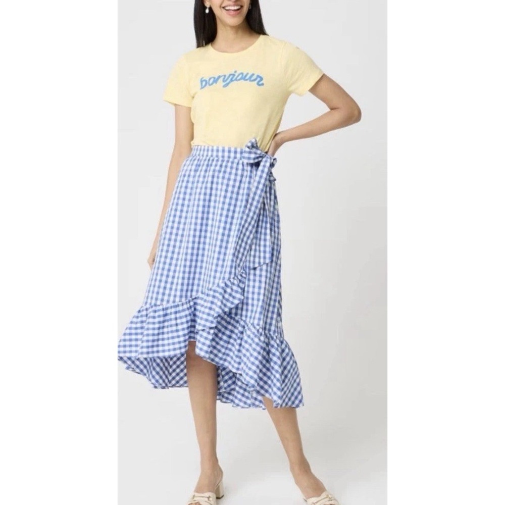 J Crew Women M Cotton Poplin Midi Skirt Blue White Check Gingham Cottagecore NEW